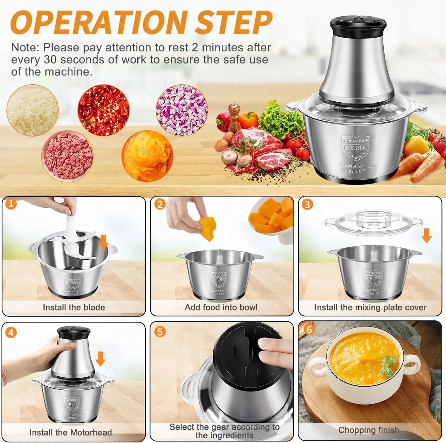 Electric Meat Grinder Stainless Steel Food Processor Chopper Kitchen Utensils Vegetable and Fruit Chopper Household Grinder