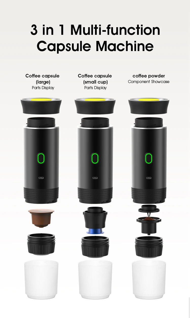 Premium Wireless Electric Portable Coffee Maker Machine 3-in-1 Capsule Powder Travel Coffee Maker